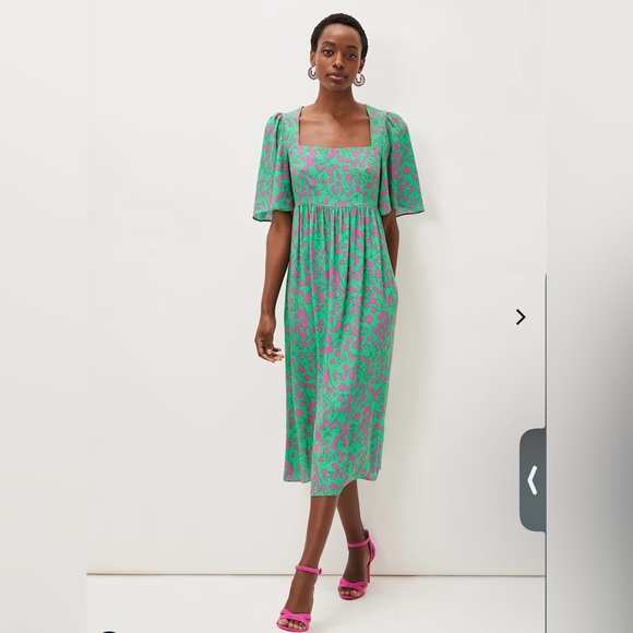 Mint Green Smocked Midi Dress Square Neck Short Puff Sleeve. NWOT - Picture 1 of 12